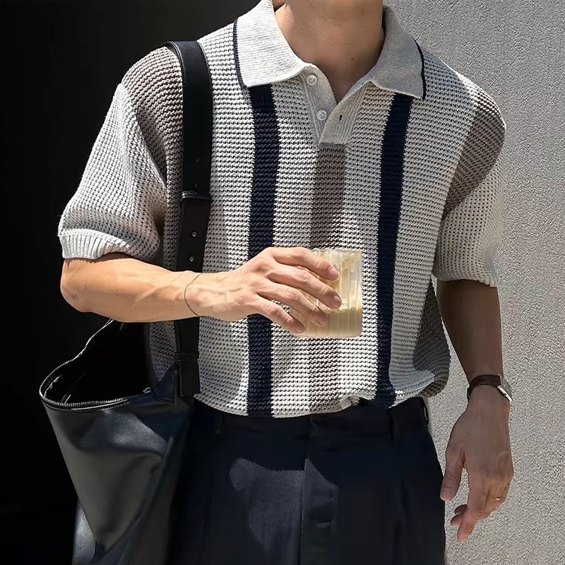 Men's Clothing Summer Breathable Hollow Vertical Stripes Color Matching Knitted Polo Shirt Version Of Light Mature New Design Lapel Short Sleeve Men_voghion.com