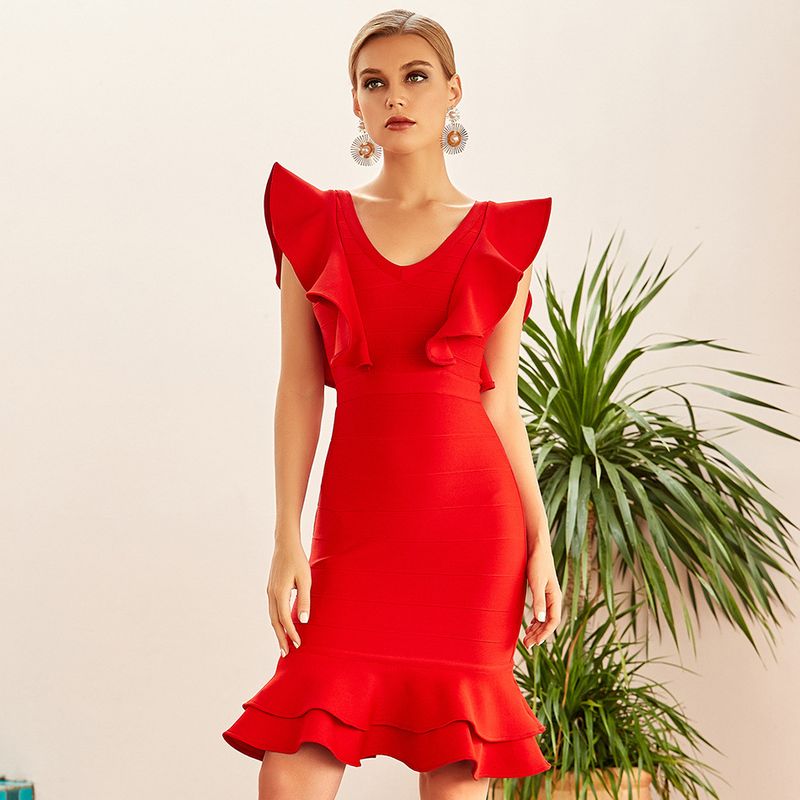 Women's solid color ruffle collar fungus bandage skirt_voghion.com