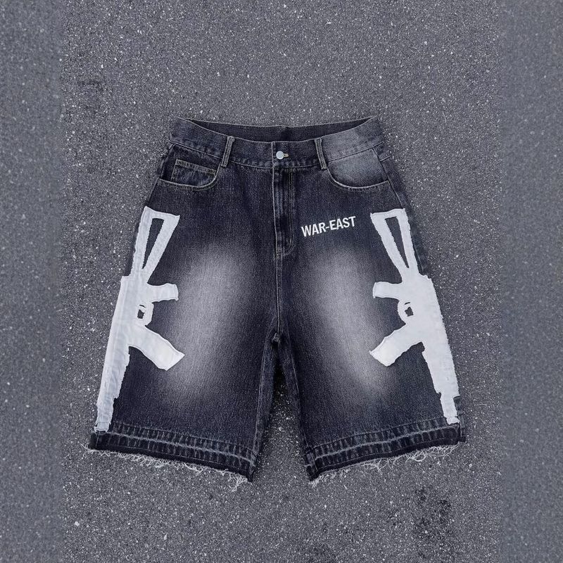 Ropa para hombre, pantalones cortos vaqueros holgados informales de verano con estampado de letras hip hop retro lavados, estilo transfronterizo europeo y americano para hombre y mujer._voghion.com