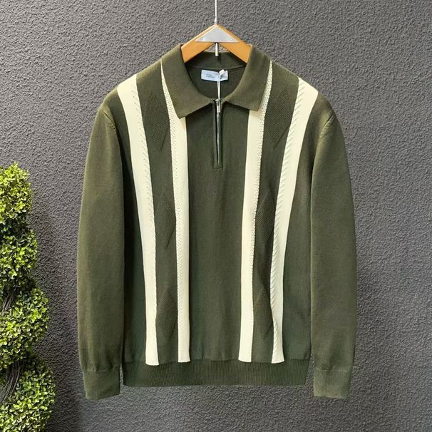 Pull homme coupe ajustée à demi-zip – Col montant en maille (Respirant, Infroissable, Tailles S à XXXXL, Blanc/Noir/Vert armée)_voghion.com