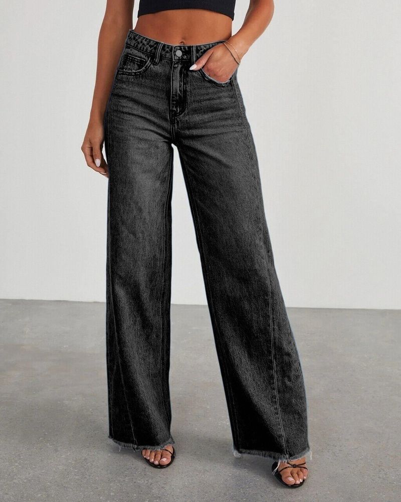 Jeans larghi da donna con orlo sfilacciato, cuciture laterali e gamba larga_voghion.com