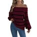Maglione pullover casual a righe con spalle scoperte e maniche a lanterna, autunno e inverno 2025, abbigliamento da donna_voghion.com