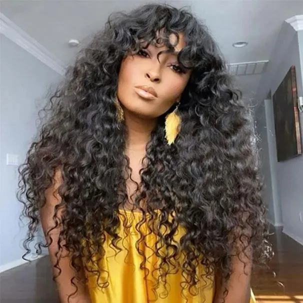 Water Wave Human Hair Wigs With Bang Full Machine Made in Natural Color Peruvian Remy_voghion.com