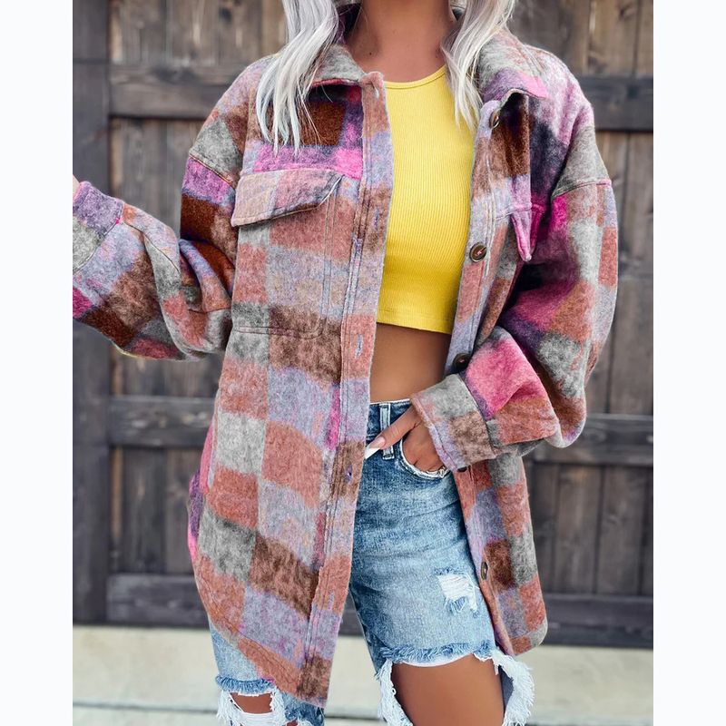 Autumn and winter style woolen print casual fashion lapel long-sleeved jacket_voghion.com