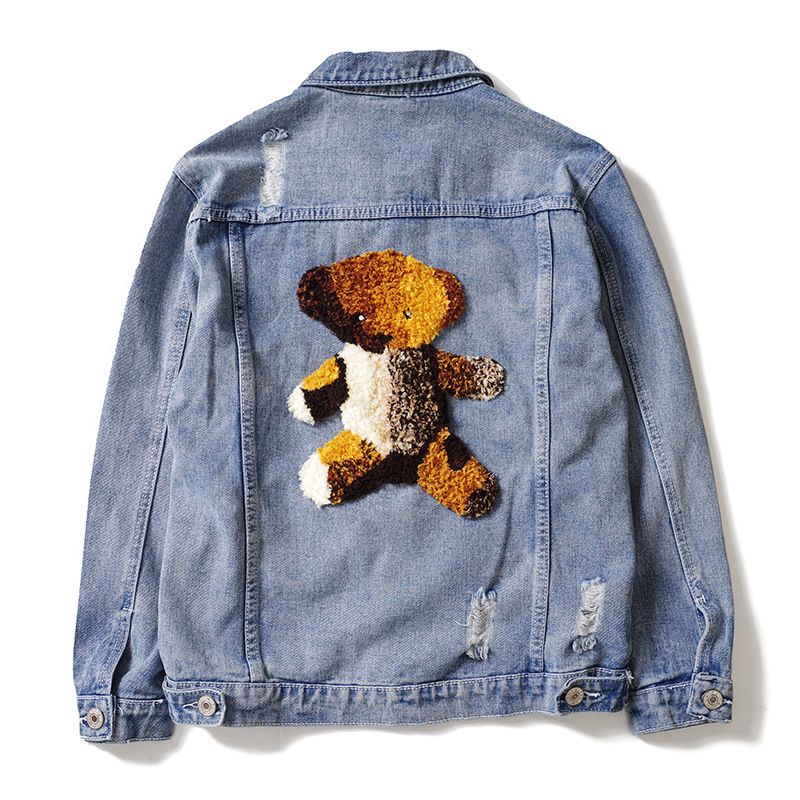 Men's Clothing Exquisite towel embroidery bear fashion brand high street denim jacket trendy men's wear student ripped shirt_voghion.com