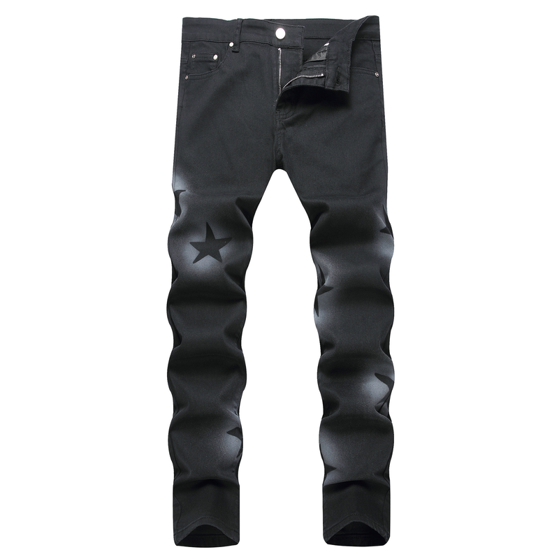 Men's Spot personalisierte handbemalte Pistolenspray-Jeans mit fünfzackigem Stern in Stretch-Schwarz mit kleiner gerader Mittelbund für Männer_voghion.com