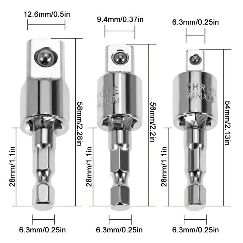 360° Swivel Adapter Set (1/4", 3/8", 1/2") – Universal Hex To Square Drive Converter For Impact Wrenches & Sockets (3-Piece, Heavy Duty)_voghion.com
