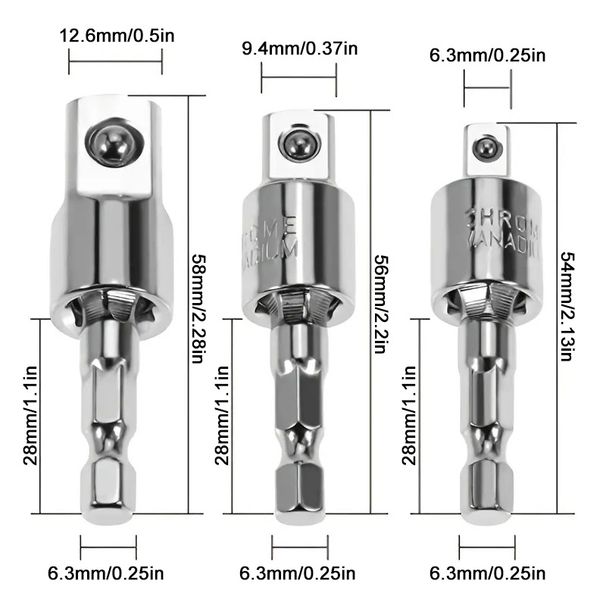 360° Swivel Adapter Set (1/4", 3/8", 1/2") – Universal Hex To Square Drive Converter For Impact Wrenches & Sockets (3-Piece, Heavy Duty)_voghion.com
