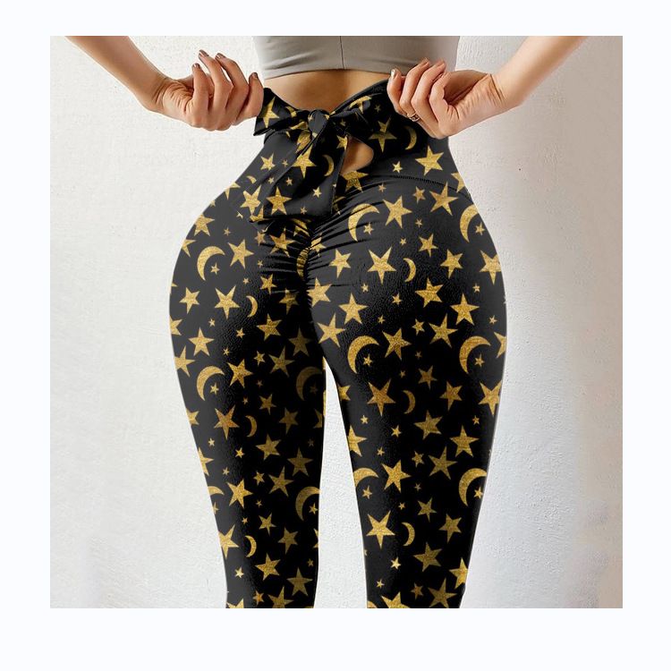 Γυναικείο παντελόνι γιόγκα με πολύχρωμο στάμπα για άνοιξη/καλοκαίρι με ρυτίδες λεπτή εφαρμογή με ελαστικό φιόγκο_voghion.com