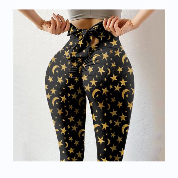 Γυναικείο παντελόνι γιόγκα με πολύχρωμο στάμπα για άνοιξη/καλοκαίρι με ρυτίδες λεπτή εφαρμογή με ελαστικό φιόγκο_voghion.com