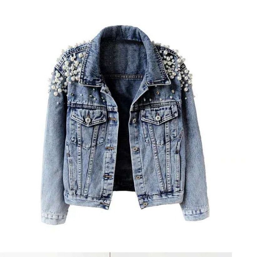 New Heavy-duty Beaded Denim Jacket For Women, Short, Long-sleeved, Fashionable, Foreign Trade, Big Pearl Denim Coat_voghion.com