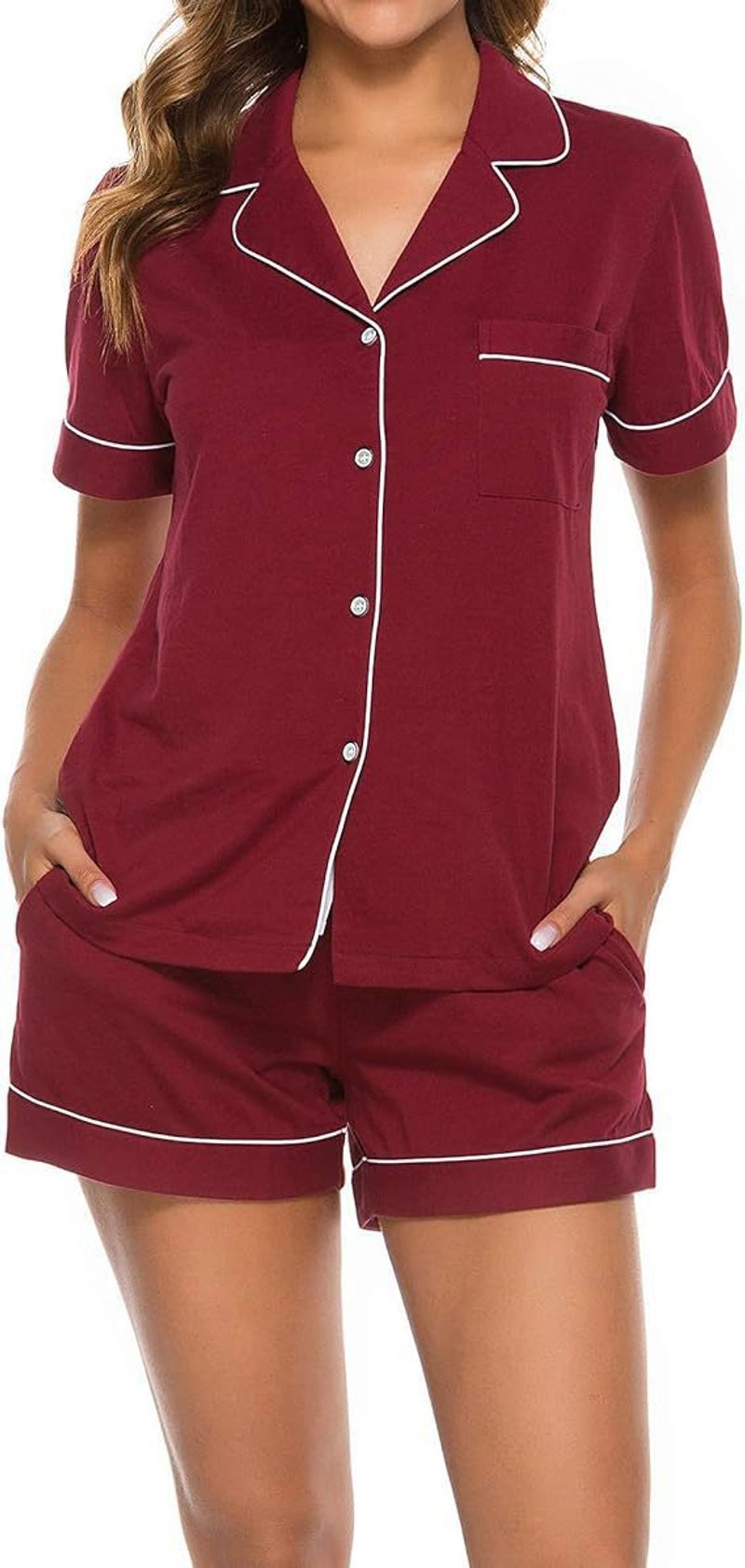 Pyjama à manches courtes, ensemble deux pièces décontracté couleur unie, cardigan, tenue d'intérieur_voghion.com