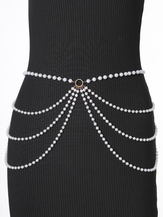 Pearl chains of various thicknesses are connected with multi-layer fringe side swing chain waist chain waist decoration_voghion.com