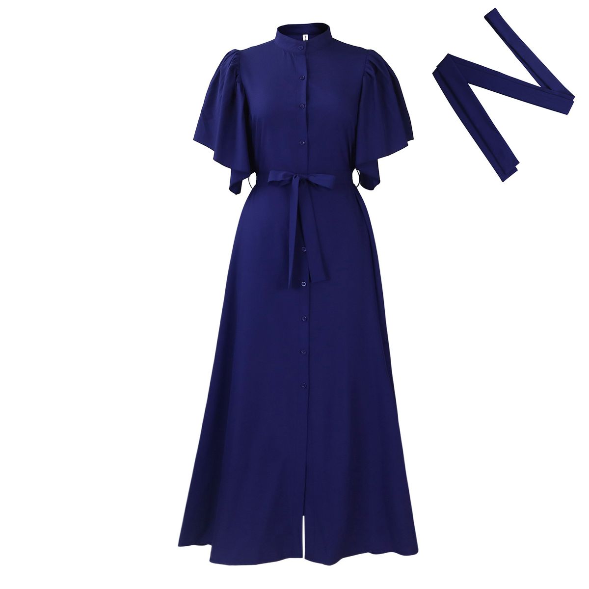 Abito lungo con gonna ampia e cintura in vita, monopetto, con maniche a tromba, alla moda estiva da donna_voghion.com