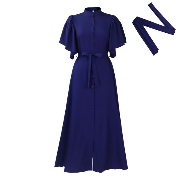 Abito lungo con gonna ampia e cintura in vita, monopetto, con maniche a tromba, alla moda estiva da donna_voghion.com