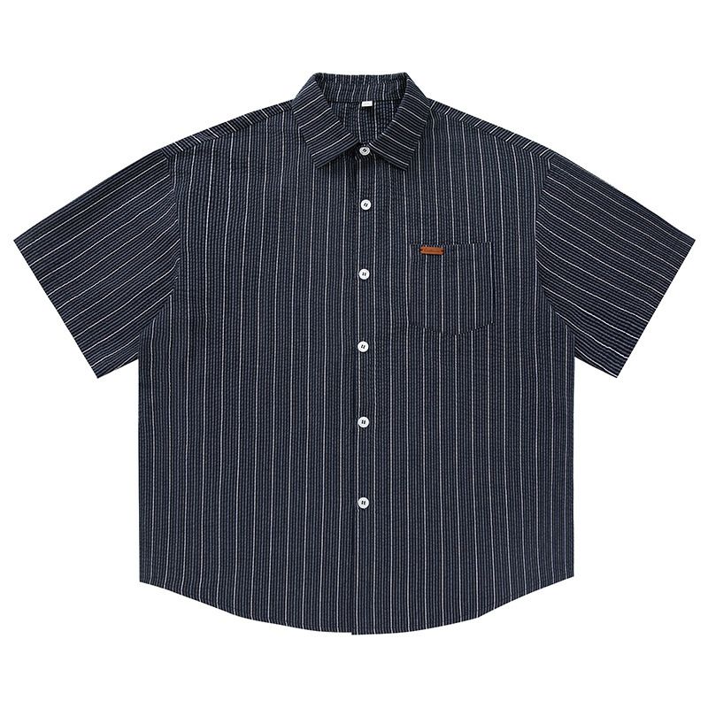 Herrenbekleidung Strukturiertes, leicht faltiges, kontrastierendes, gestreiftes Kurzarmhemd im Sommer im japanischen Stil, lockere, lässige Revershemdjacke Q_voghion.com