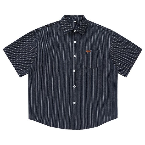 Herrenbekleidung Strukturiertes, leicht faltiges, kontrastierendes, gestreiftes Kurzarmhemd im Sommer im japanischen Stil, lockere, lässige Revershemdjacke Q_voghion.com