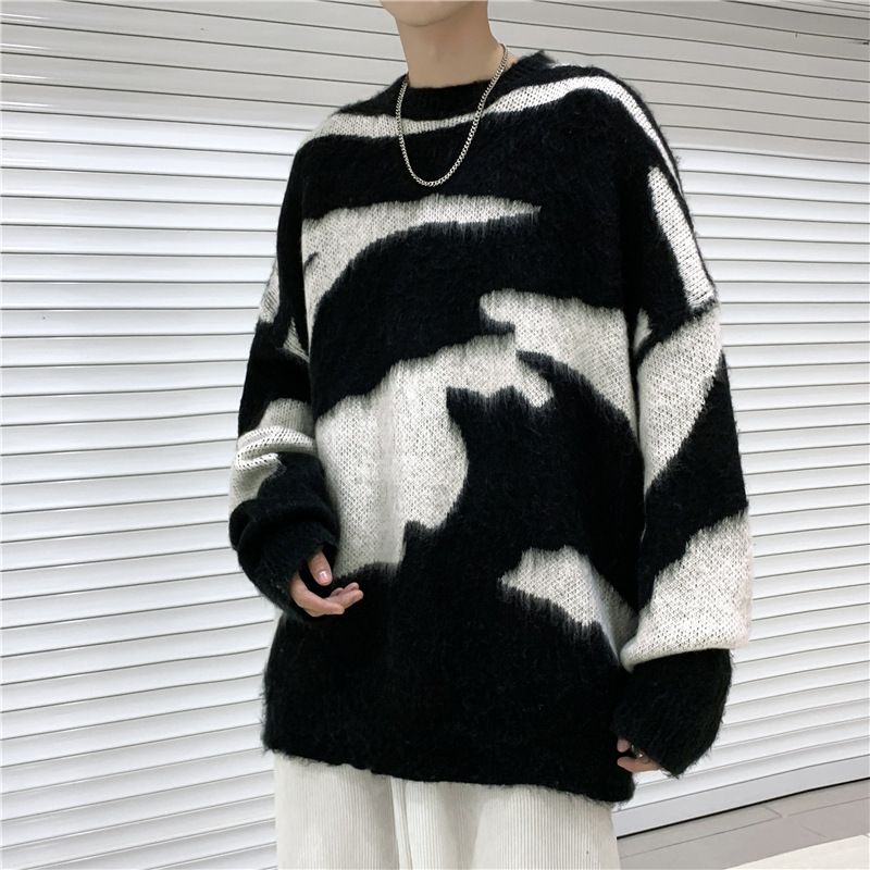 Ubrania męskie Jesień i zima Tie Dye Sweter z wycięciem pod szyją Męski styl Harajuku Luźna dzianina Ins Moda Vintage Kolorowa kontrastowa linia Ubrania_voghion.com