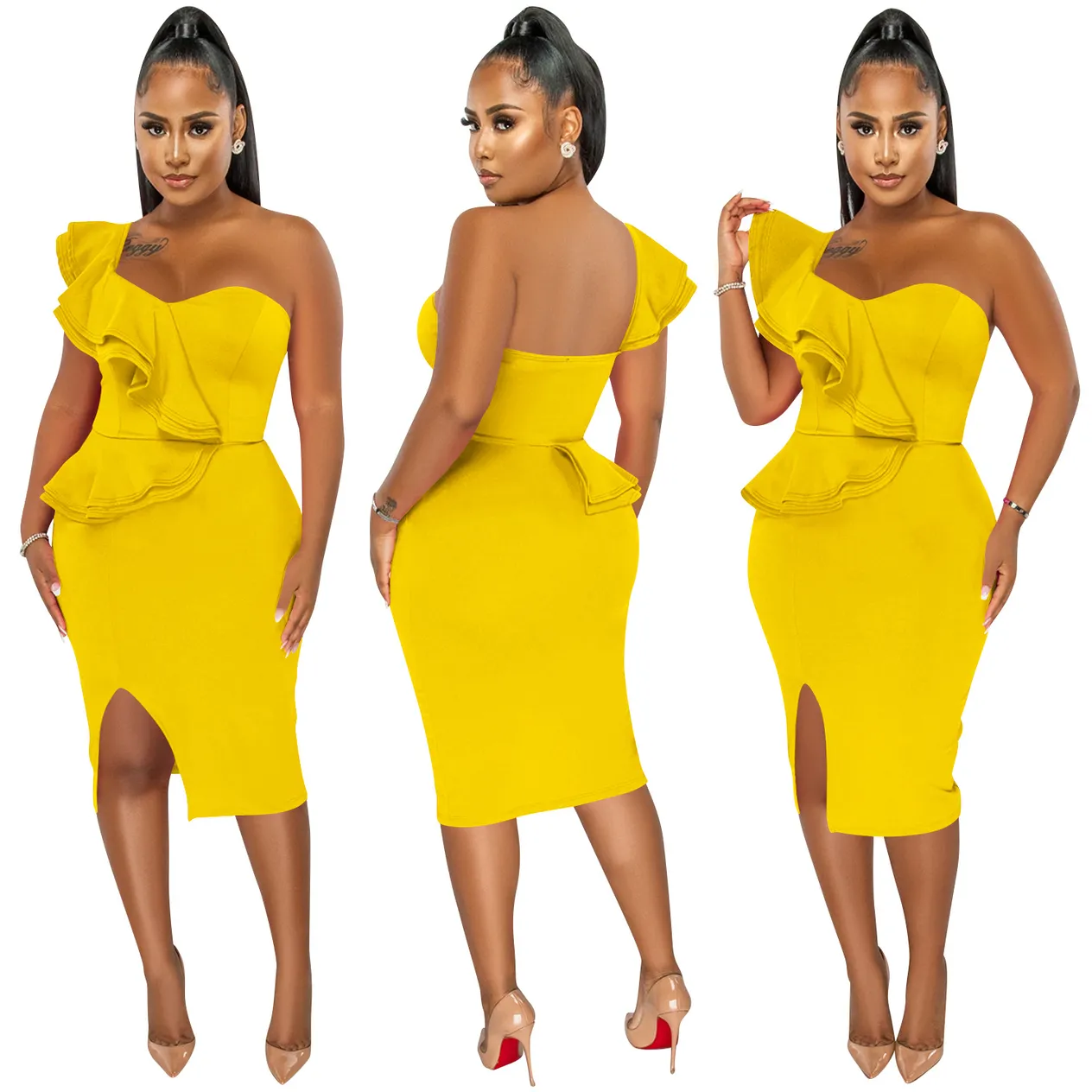 Women's Clothing fashion casual ruffled slit one shoulder sleeve dress women's clothing_voghion.com