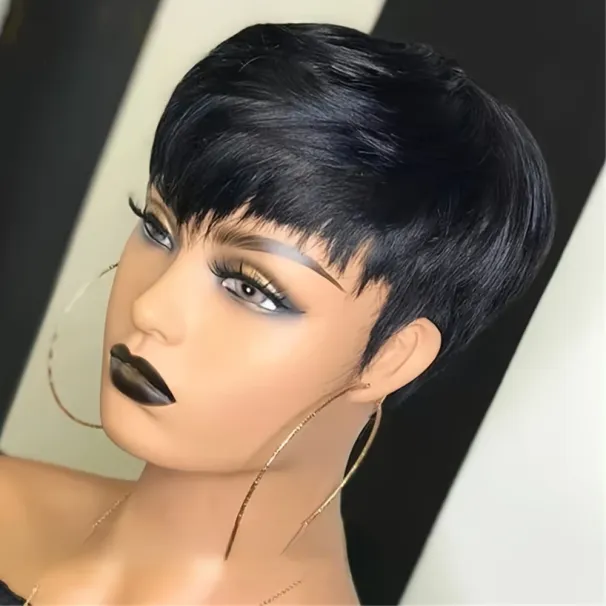 Short Pixie Cut Straight Human Hair Wig Remy Hair Wigs With Bangs 150% Density 6 Inch_voghion.com