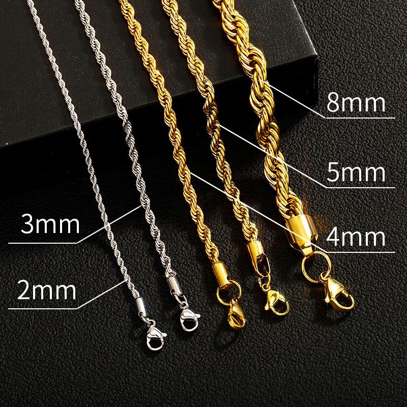 Collana con catena a corda intrecciata da 8 mm – Gioiello hip hop in acciaio inossidabile con galvanica che preserva il colore_voghion.com