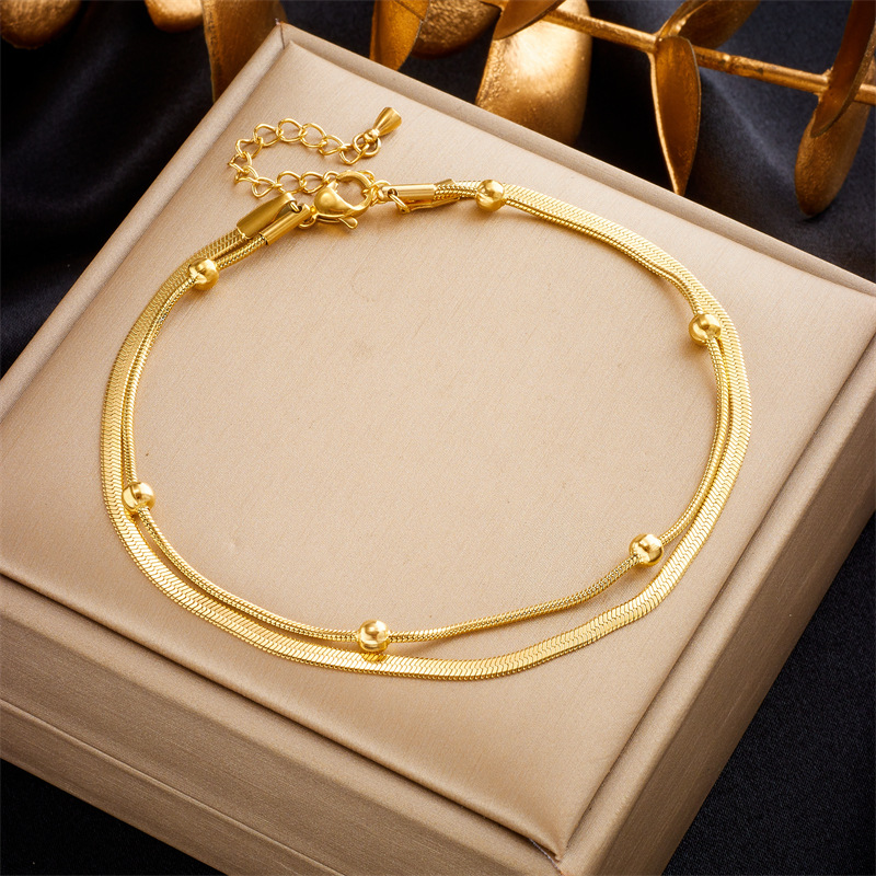 Korean fashion simple light luxury advanced retro all-match double layer stacking blade chain titanium steel metal anklet_voghion.com