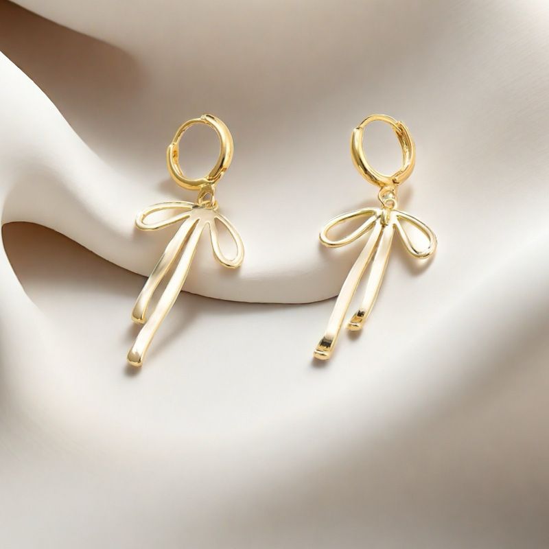 Messing Reales Gold Plating Heißer Verkauf Bowknot Linie Ohrringe Ohr Schmuck_voghion.com