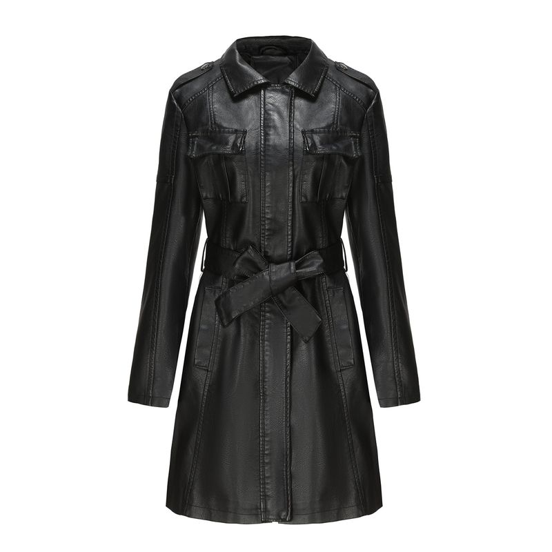 Trench in pelle a maniche lunghe con cintura da donna_voghion.com