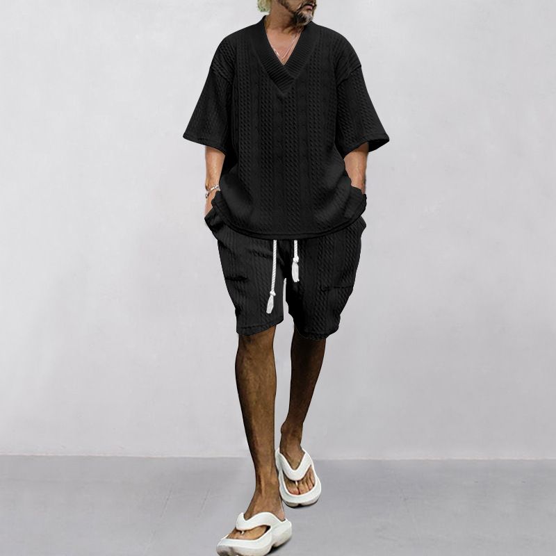 Abbigliamento da uomo Abito jacquard casual per uomo T-shirt estiva a maniche corte allentata pantaloncini Abito sportivo con scollo a V abito a due pezzi per uomo_voghion.com