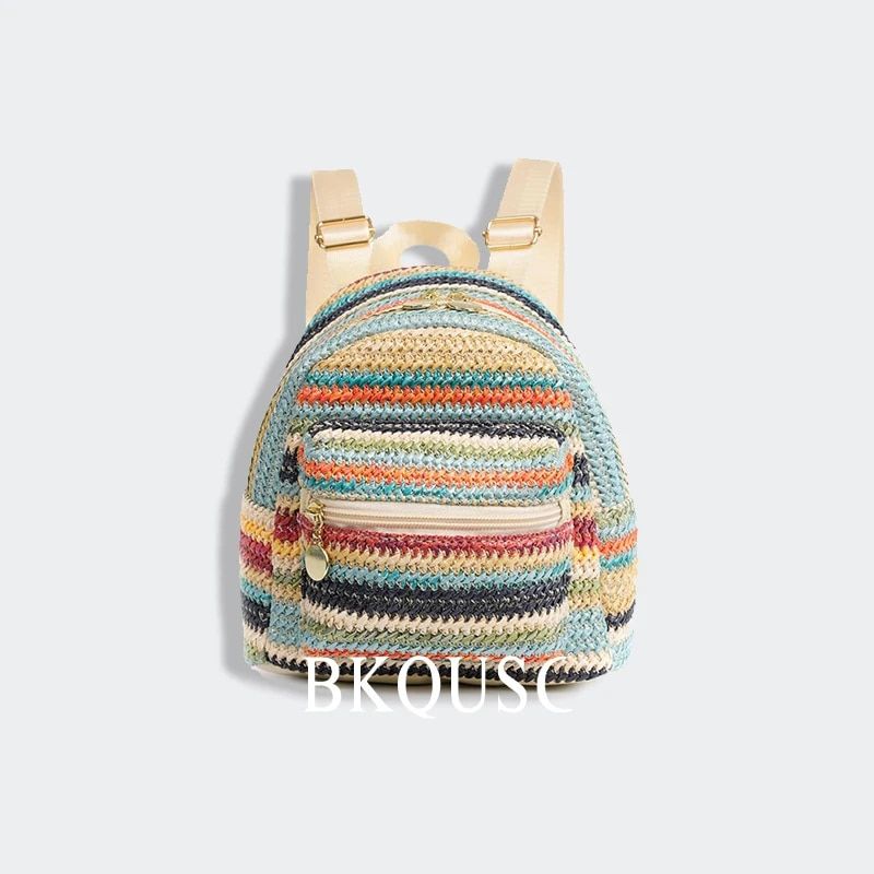 Fahion Mini Straw Woven Women' Backpack Stylih Ethnic Style Retro Color ing Small Backpack Female Girl' Storage_voghion.com