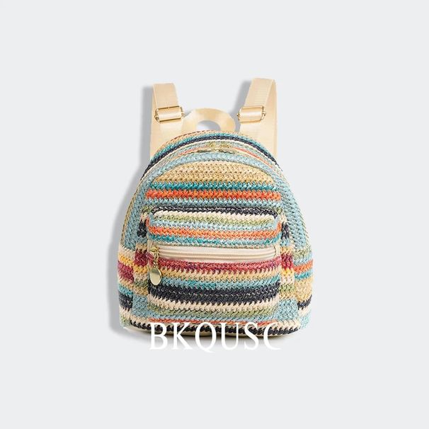 Fahion Mini Straw Woven Women' Backpack Stylih Ethnic Style Retro Color ing Small Backpack Female Girl' Storage_voghion.com