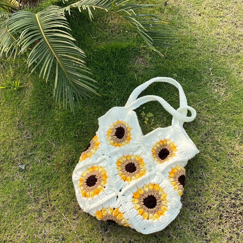 Miss Handmade Knitted Yarn Crochet Cute Sunflower DIY Material Kit Handheld Shoulder Bag_voghion.com