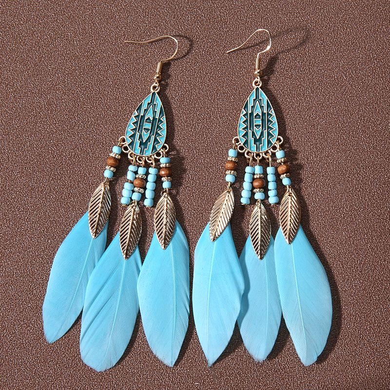 Boho Long Feather Fringe Dangle Women's Earrings Faux Feather Beach Tassel Beads Handmade Flower Enamel Earrings Bride Wedding Party Jewelry_voghion.com