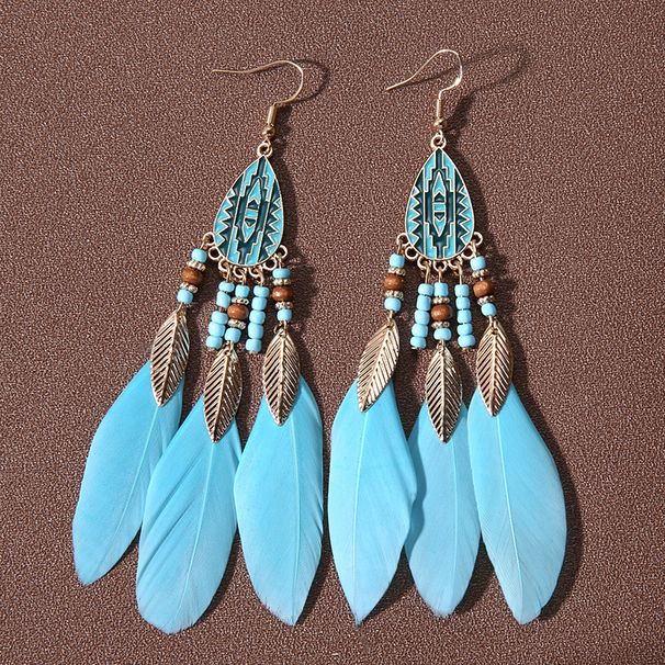 Boho Long Feather Fringe Dangle Women's Earrings Faux Feather Beach Tassel Beads Handmade Flower Enamel Earrings Bride Wedding Party Jewelry_voghion.com