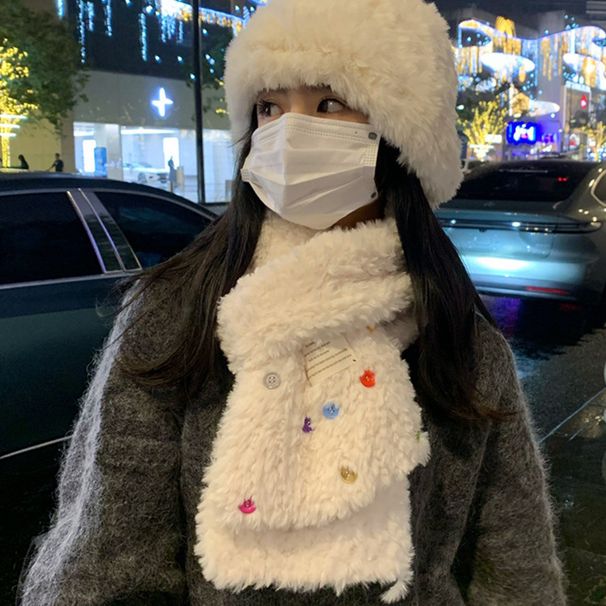 Sciarpa lunga in peluche da donna con motivo cervo bianco con bottoni uguali, nuova collezione autunno e inverno 2025, calda e spessa con collo alla moda_voghion.com