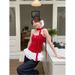 Ballet Style Red Polka Dot Bow Camisole Vest For Women's Summer Design, Patchwork Ruffle Edge Ribbon Top_voghion.com