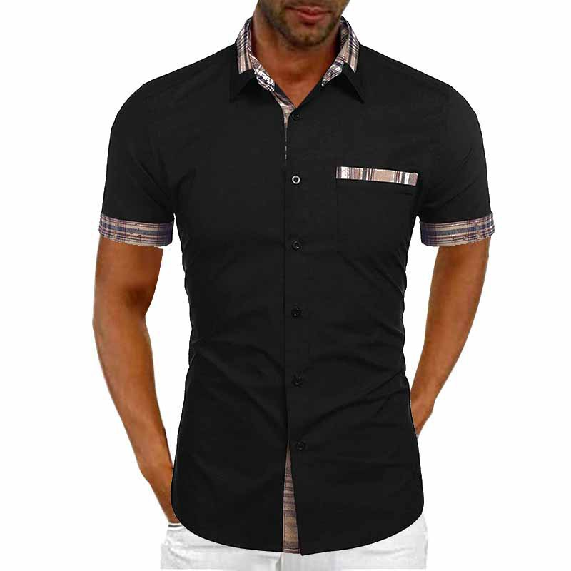 Herrenbekleidung Herren Sommer einfarbig Kurzarmhemd Führer Mund Farbkontrast Mode Button-Down-Shirt_voghion.com