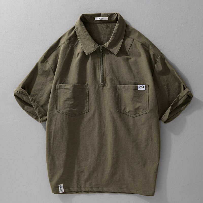 Retro Mountain Style Workwear Men's Short Sleeved Trendy Summer Quick Drying Breathable Shirt Collar With Half Zipper_voghion.com