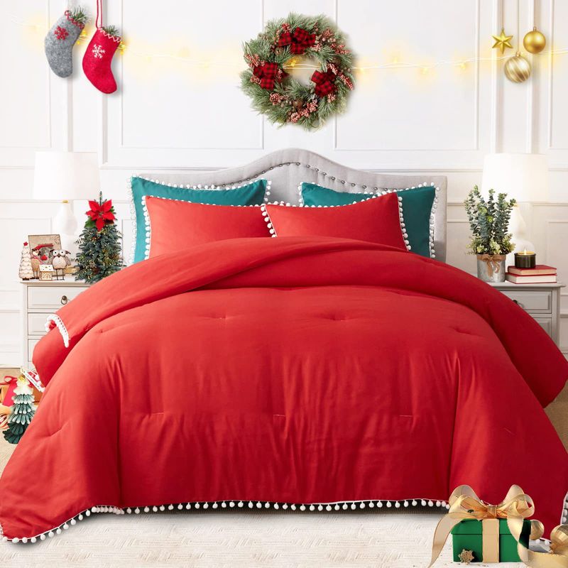 Set trapunta con nappe a sfera bohémien rosse, trapunta in fibra chimica, trapunta in tre pezzi_voghion.com