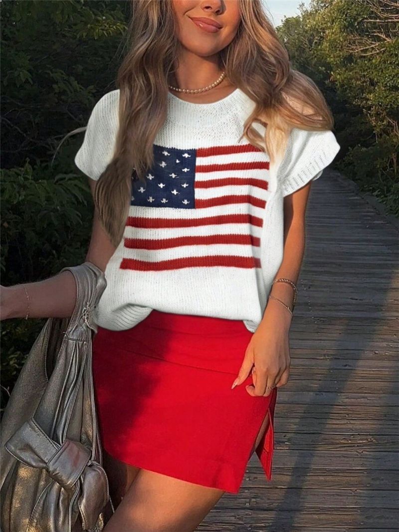 Pull à manches courtes et col rond pour femme, motif jacquard drapeau_voghion.com