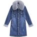 Abbigliamento donna Giacca invernale in denim e velluto, imbottita in cotone con ampio collo in pelliccia, giacca imbottita in cotone con cuciture in pelle di agnello, lunghezza media_voghion.com