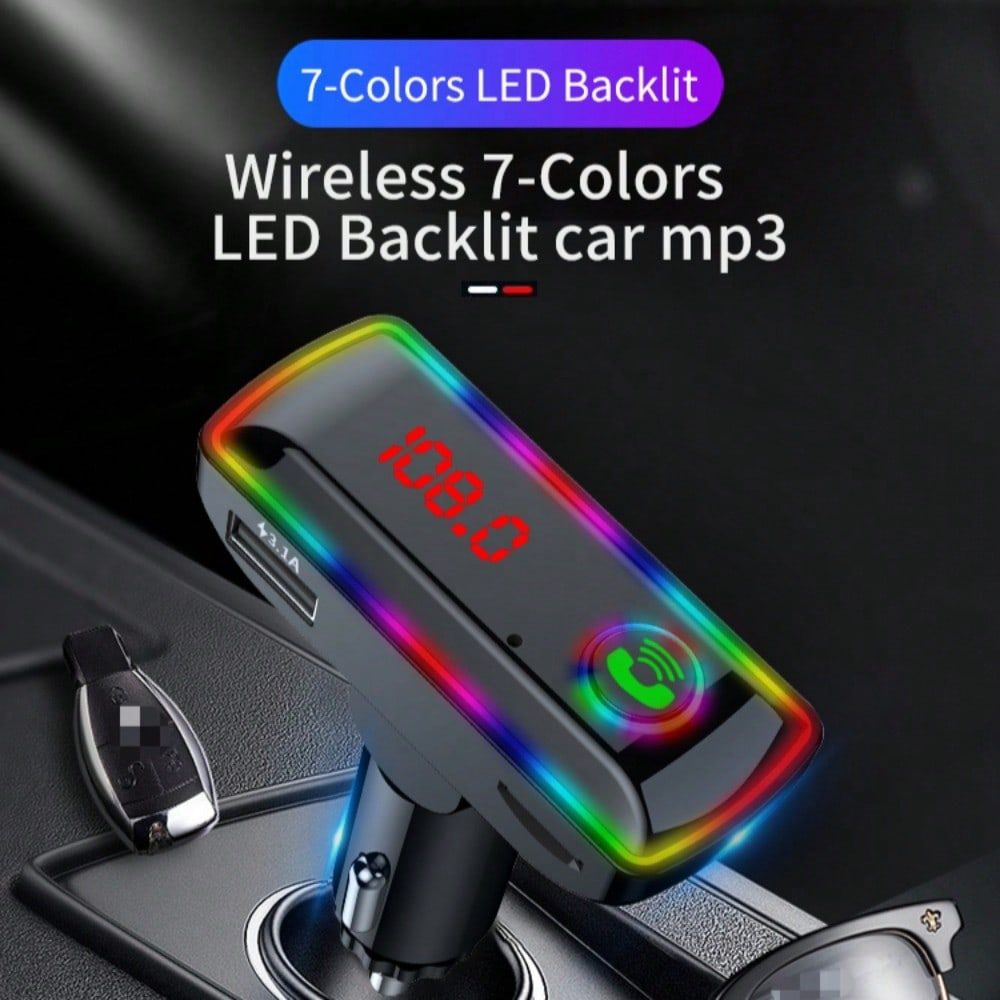 Araba Şarj Cihazı Cep Telefonu Şarj Cihazı Bluetooth Eller Serbest Arama Sesli Navigasyon Şarj Fonksiyonlu USB Portu 3.1A Renkli Ortam Işığı FM Vericisi_voghion.com