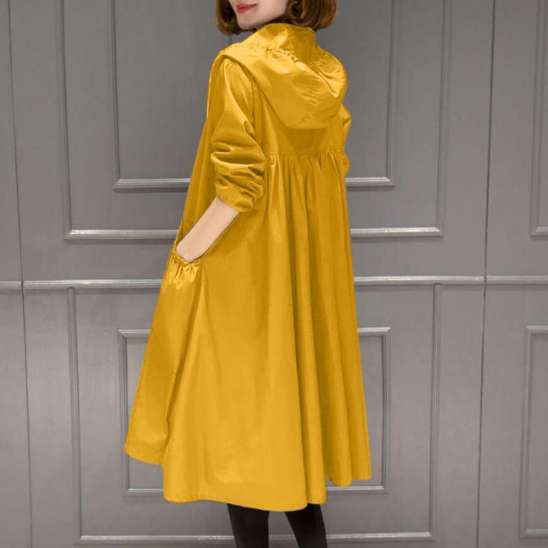 Damenbekleidung Frühling und Herbst Neue Mode Kapuzenjacke Mittellang Über Knie Locker Abnehmen Einfarbig Windjacke Damen_voghion.com