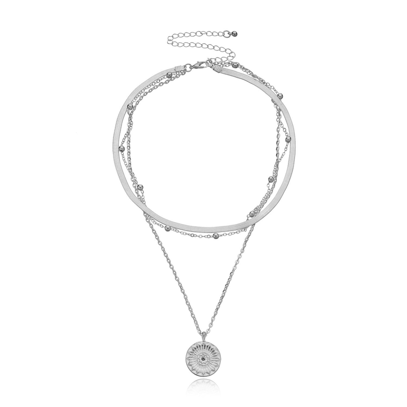 Collane a strati con catena grossa punk cubana Collana girocollo in oro Collana con pendente rotondo Collana con colletto multistrato Gioielli per donne e ragazze_voghion.com