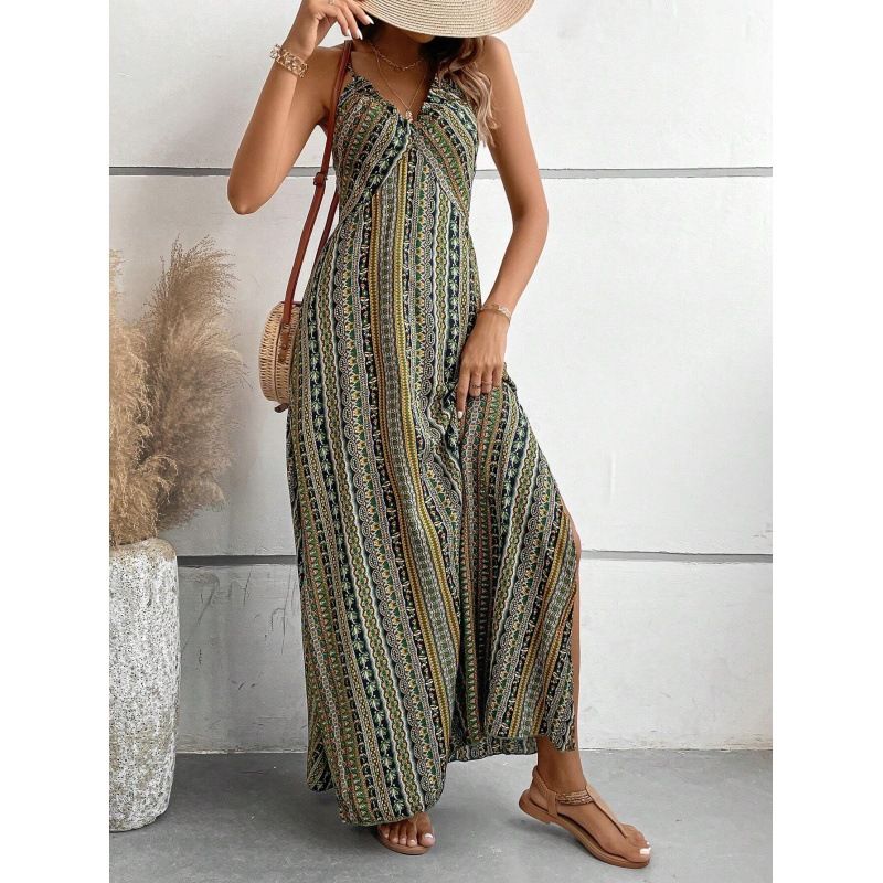 Damen Sommerkleid mit ethnischem Muster, rückenfrei, geteilter Oberschenkel, Sommerkleidung, Boho-Strandkleid mit V-Ausschnitt, Vintage, rückenfreies Sommerkleid_voghion.com