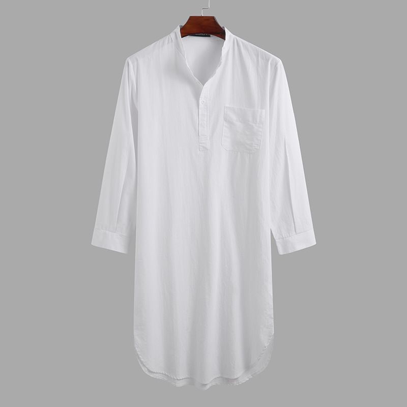 Pijama musulmán, camisa árabe lisa abotonada de manga larga, bata de hombre_voghion.com