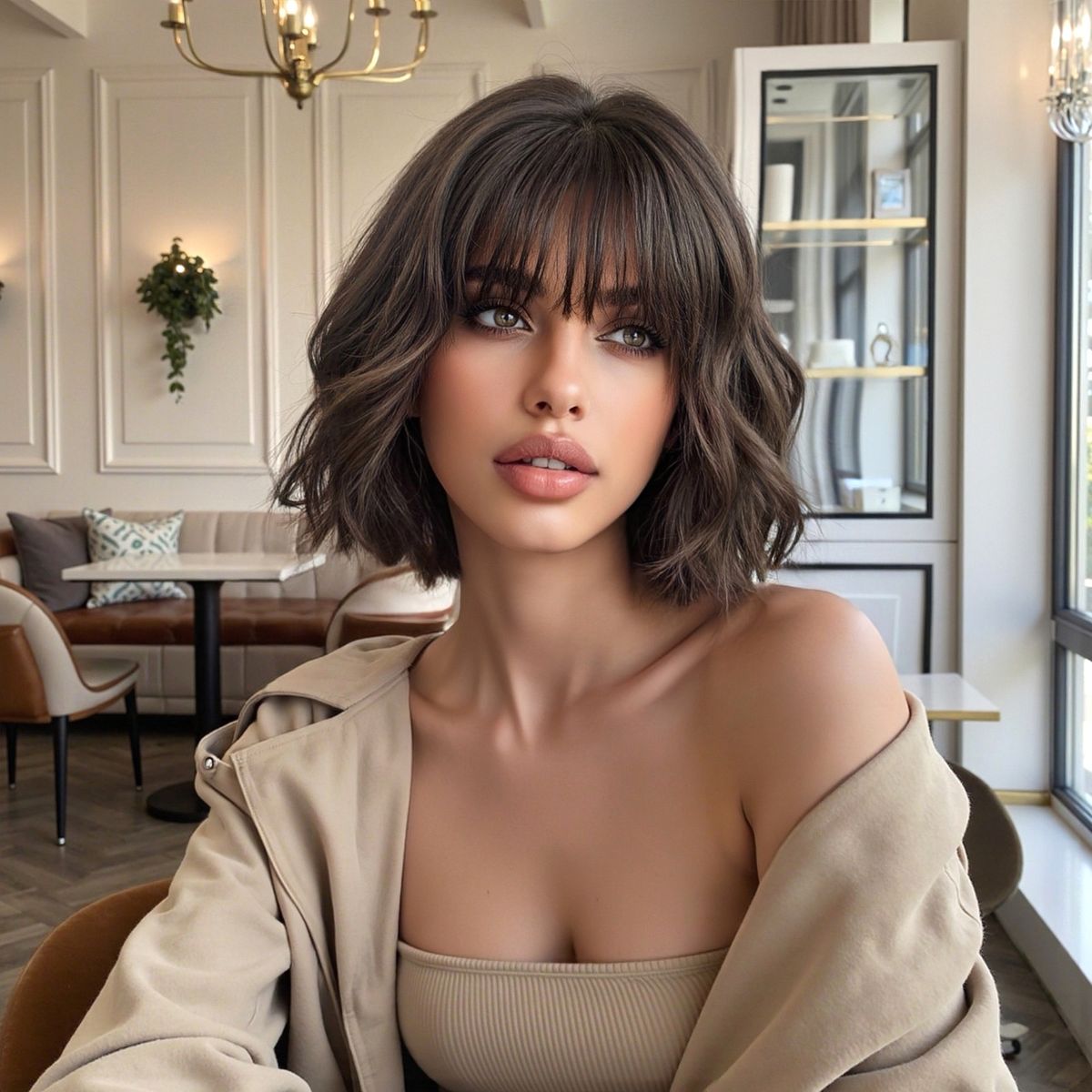 Synthetische Clip-in 10 Zoll Perücke Weibliche Pony Kurze Lockige Haare Mode Weibliche Gruppe Braun Temperament Perücke Vollen Kopf Set_voghion.com