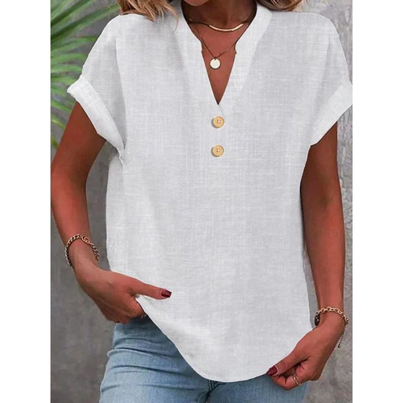 Sommer Einfarbig Stehkragen Knopf Kurzarm Damenhemd_voghion.com
