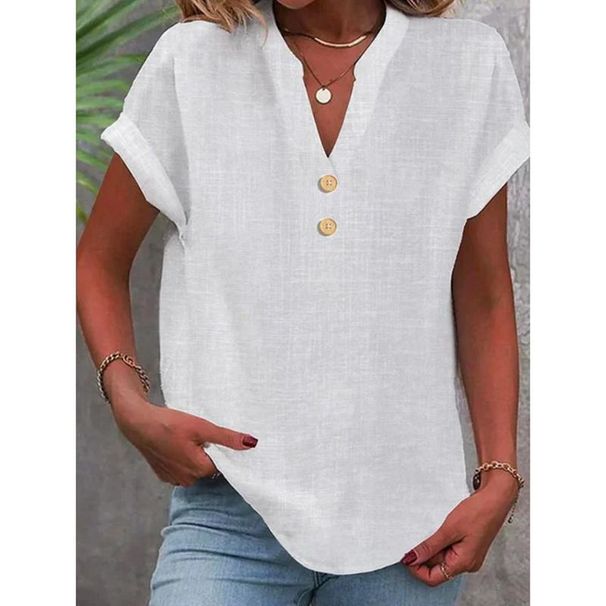 Sommer Einfarbig Stehkragen Knopf Kurzarm Damenhemd_voghion.com