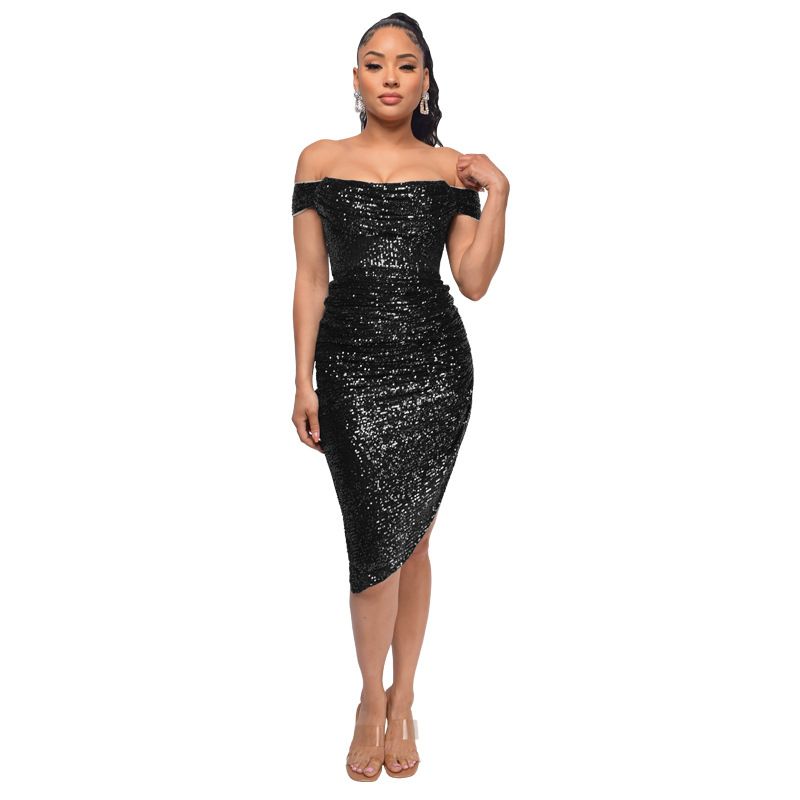 Damen Schlitz Plissee Kleid Sommer Damen Pailletten Rückenfrei One-Shoulder Kleid_voghion.com